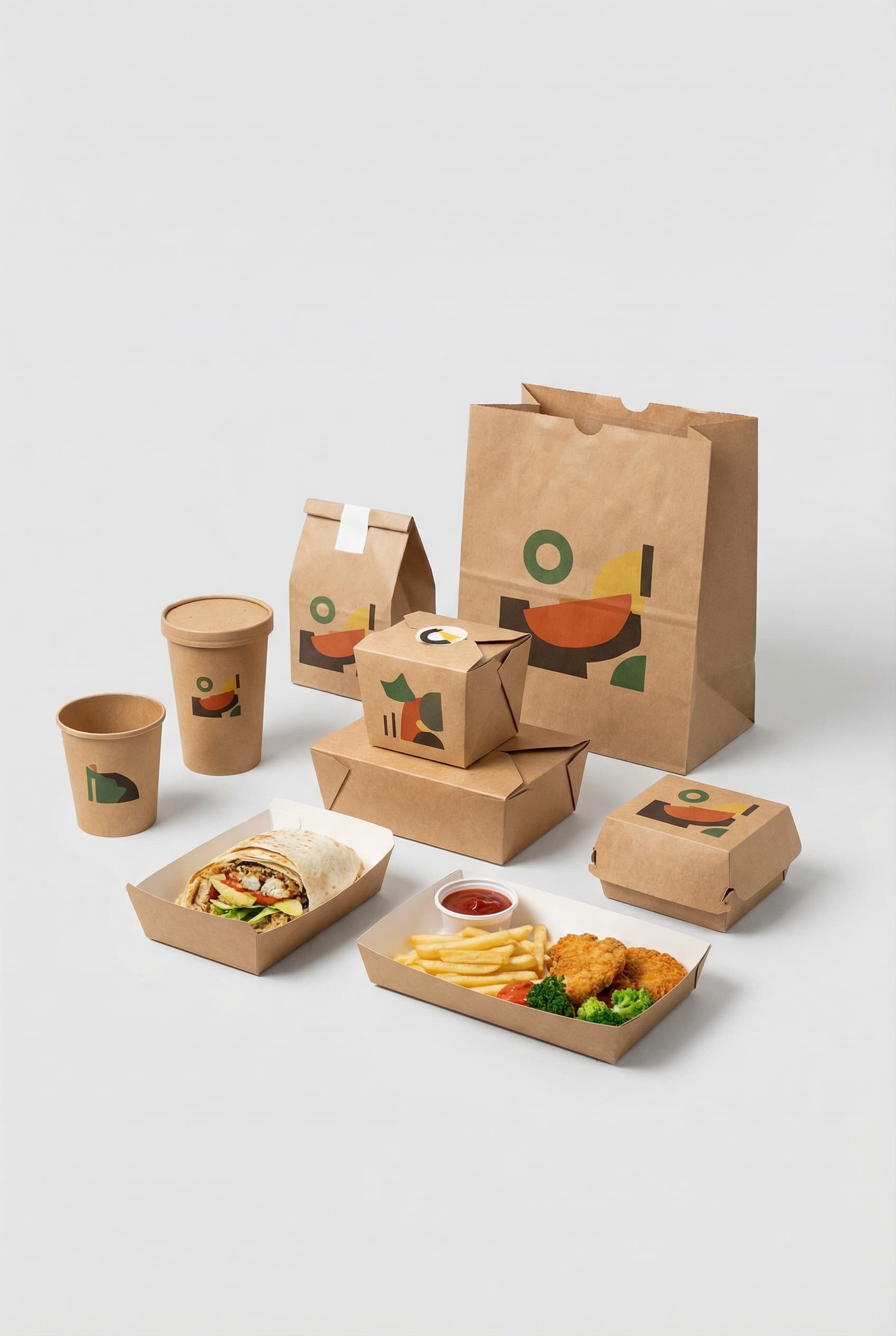 Packaging alimentaire personnalisé : gobelets, boîtes repas et sachets papier kraft